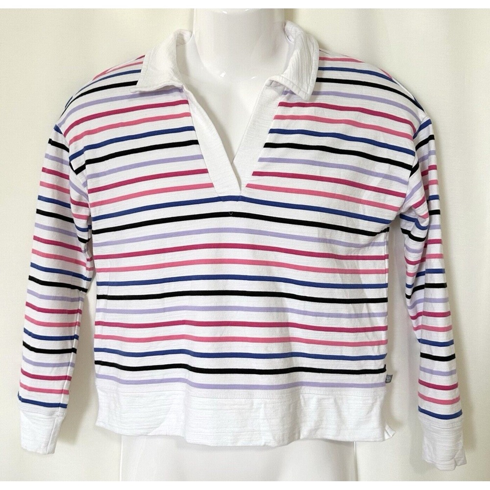 T By Talbots Shirt Womens S Cozy Crush Johnny Collar Pullover Game Stripe UPF 50